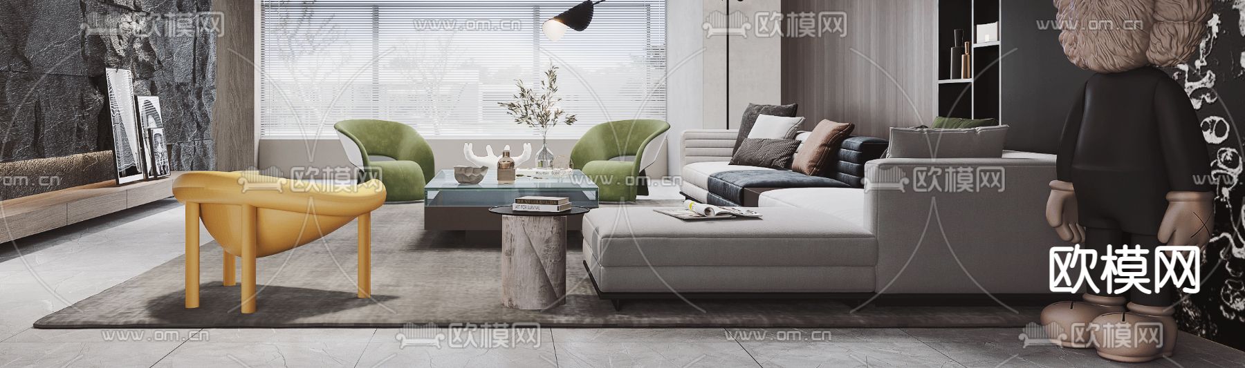 现代高级灰客厅3d模型下载（渲染图4）