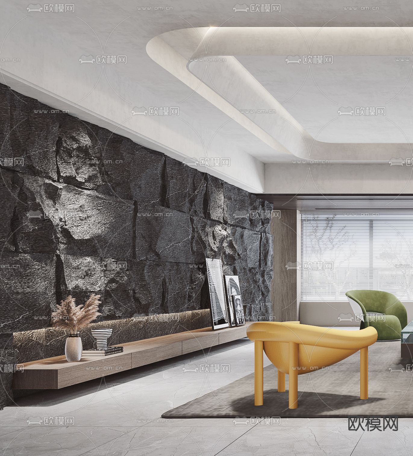 现代高级灰客厅3d模型下载（渲染图3）