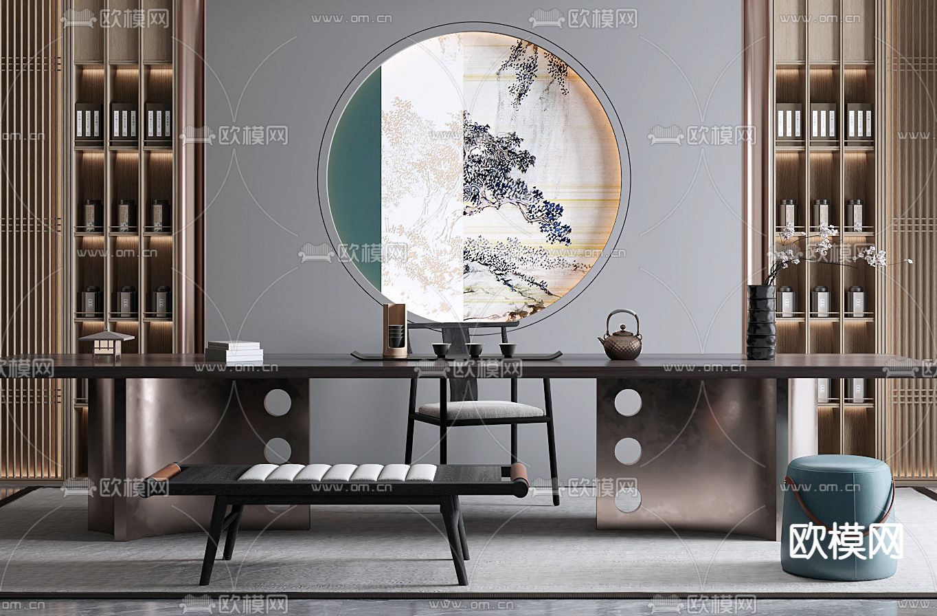 新中式茶室3d模型下载（渲染图2）