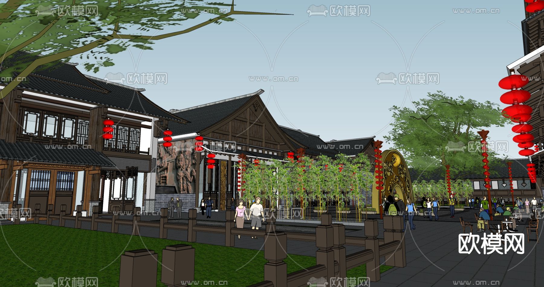 中式商业广场景观su模型下载（渲染图1）