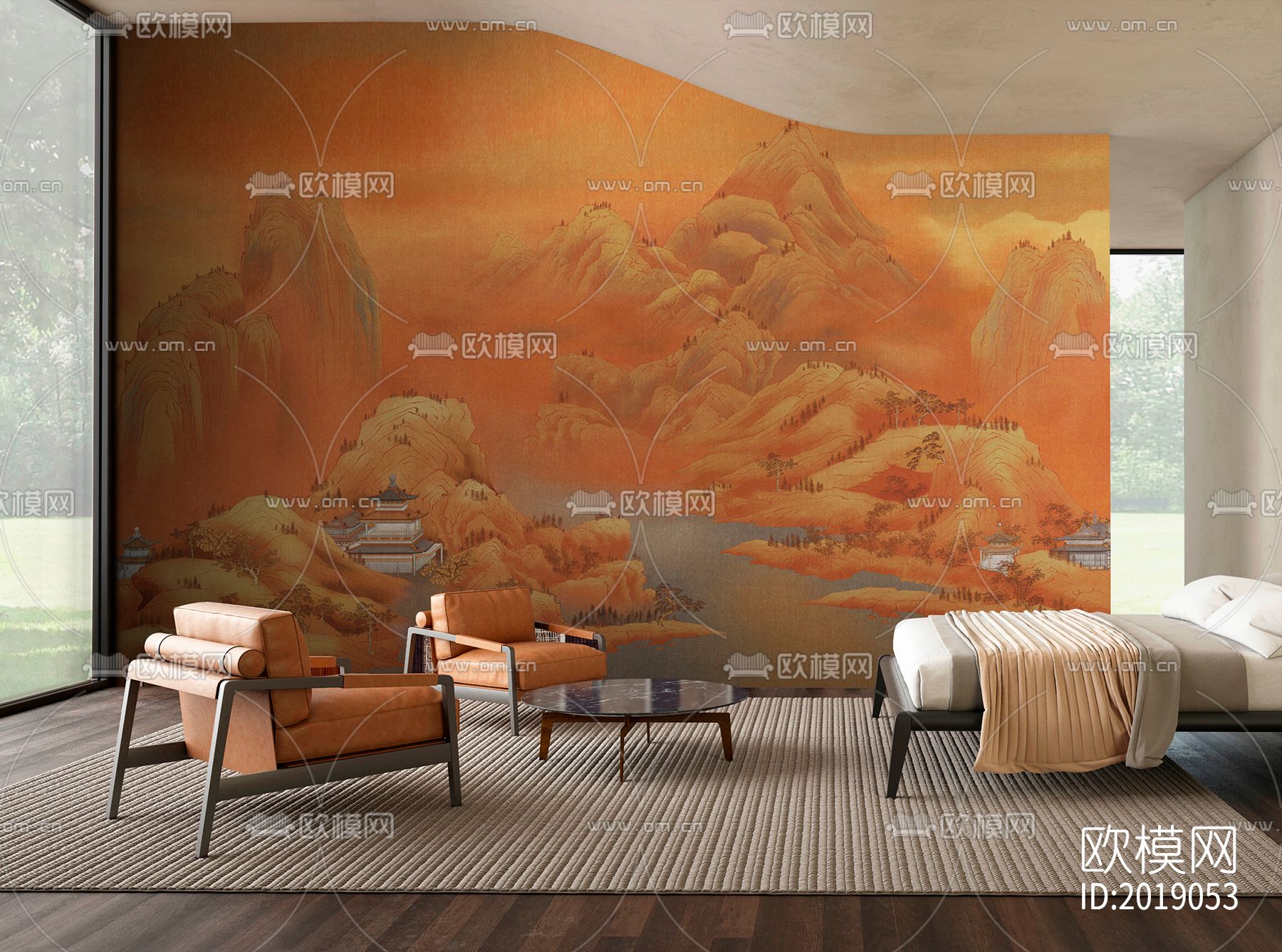 新中式山水国画壁画壁纸背景墙