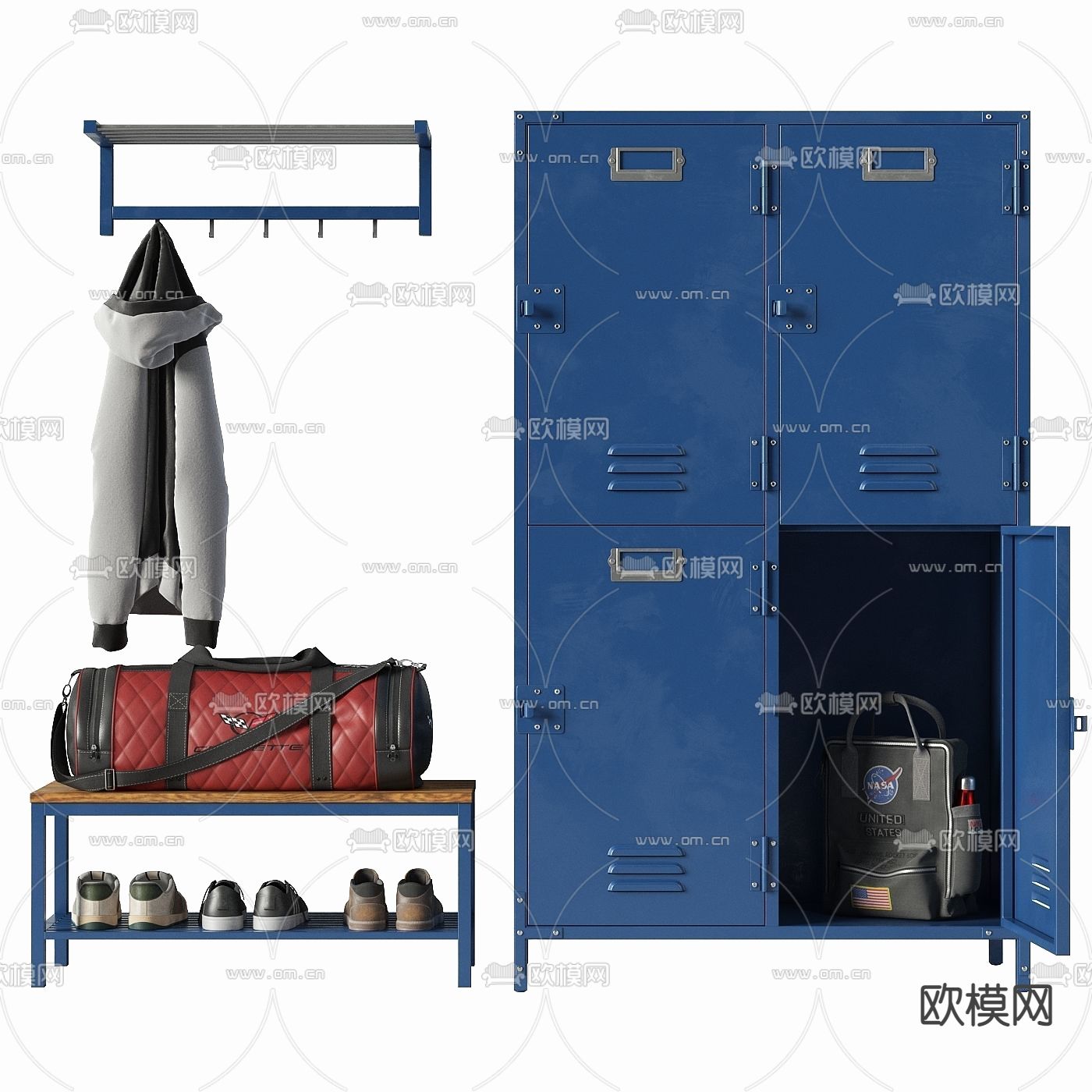工业风金属公共储物柜换鞋凳3d模型下载（渲染图3）