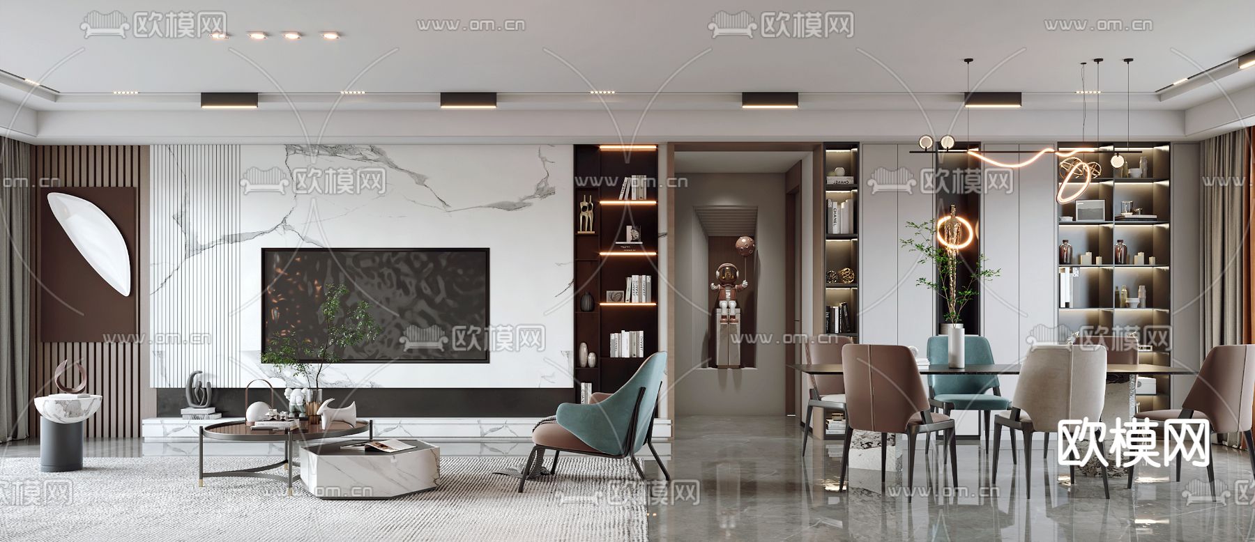 现代客厅餐厅3d模型下载（渲染图2）