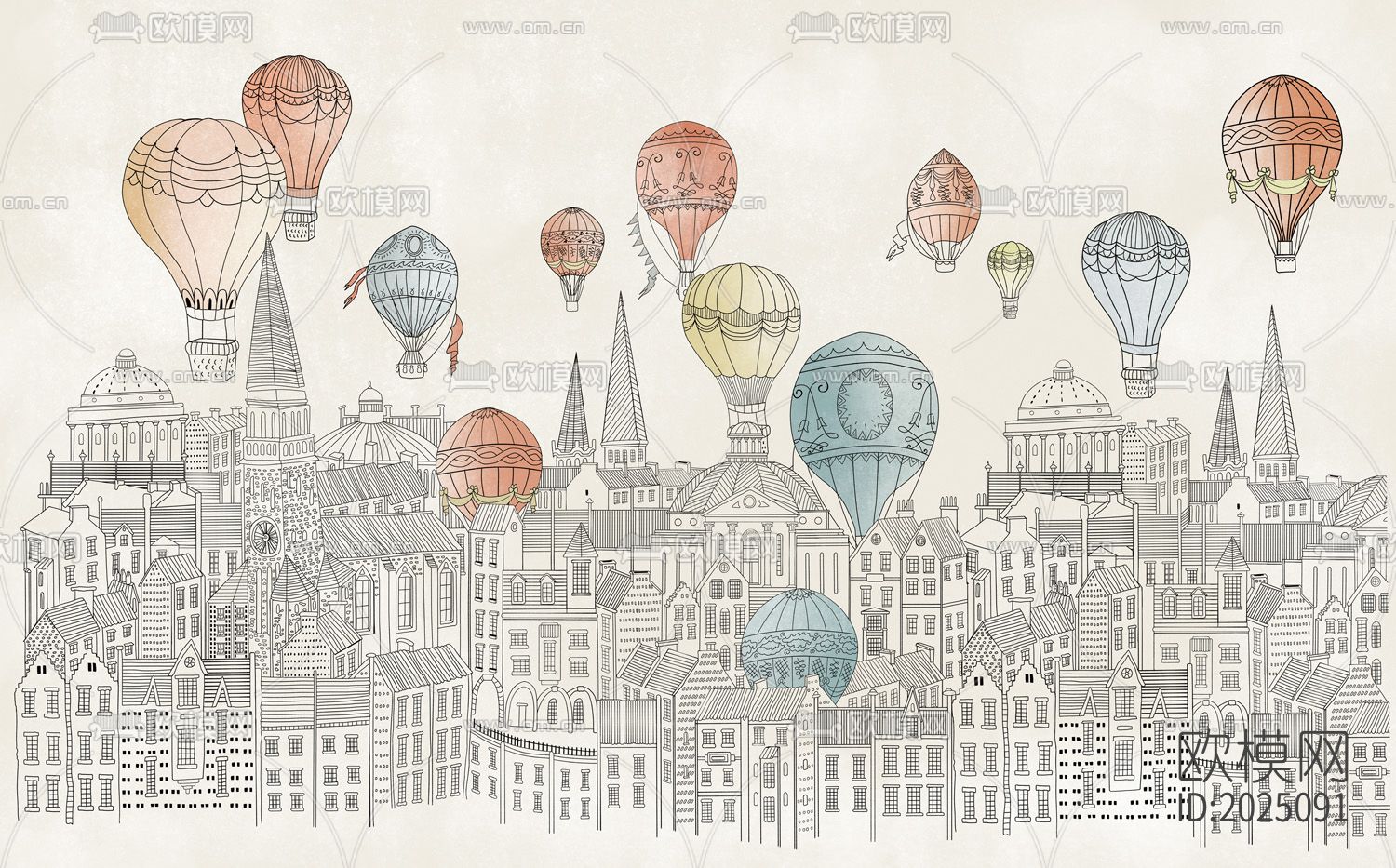 卡通热气球线条建筑壁纸下载（渲染图1）