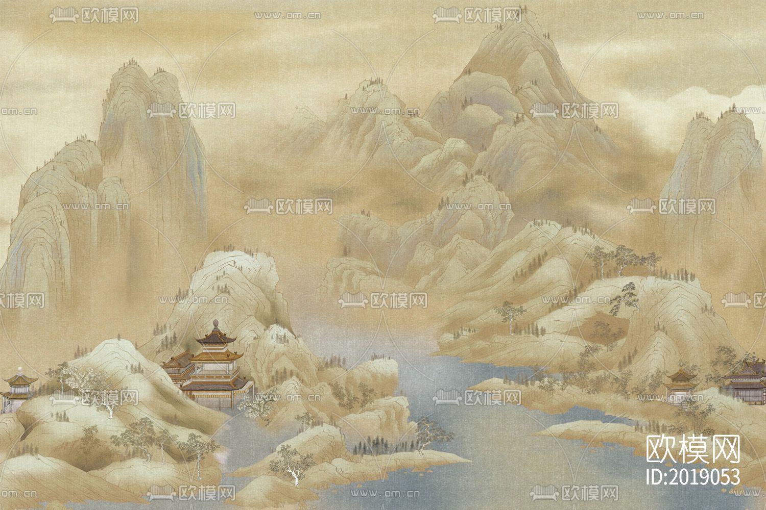 新中式山水国画壁画壁纸背景墙