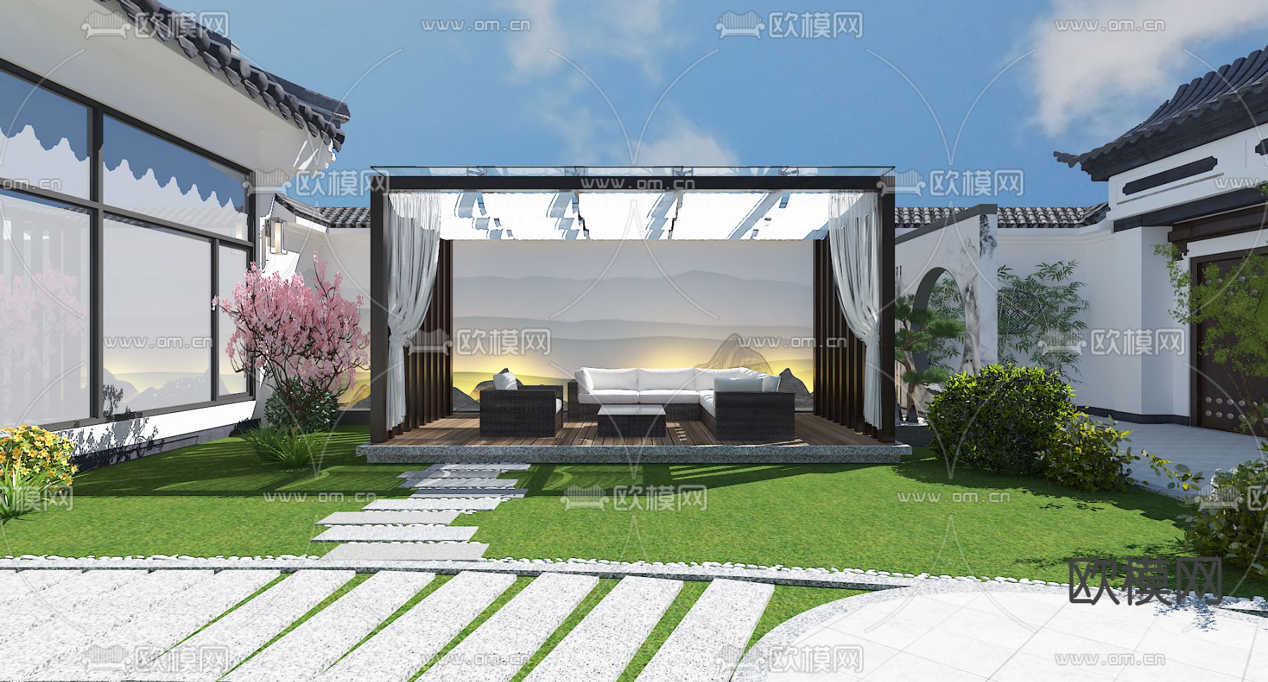 新中式庭院免费3d模型下载（渲染图3）