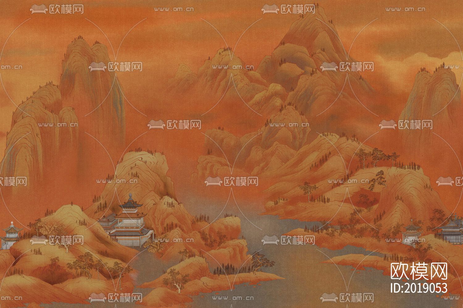 新中式山水国画壁画壁纸背景墙