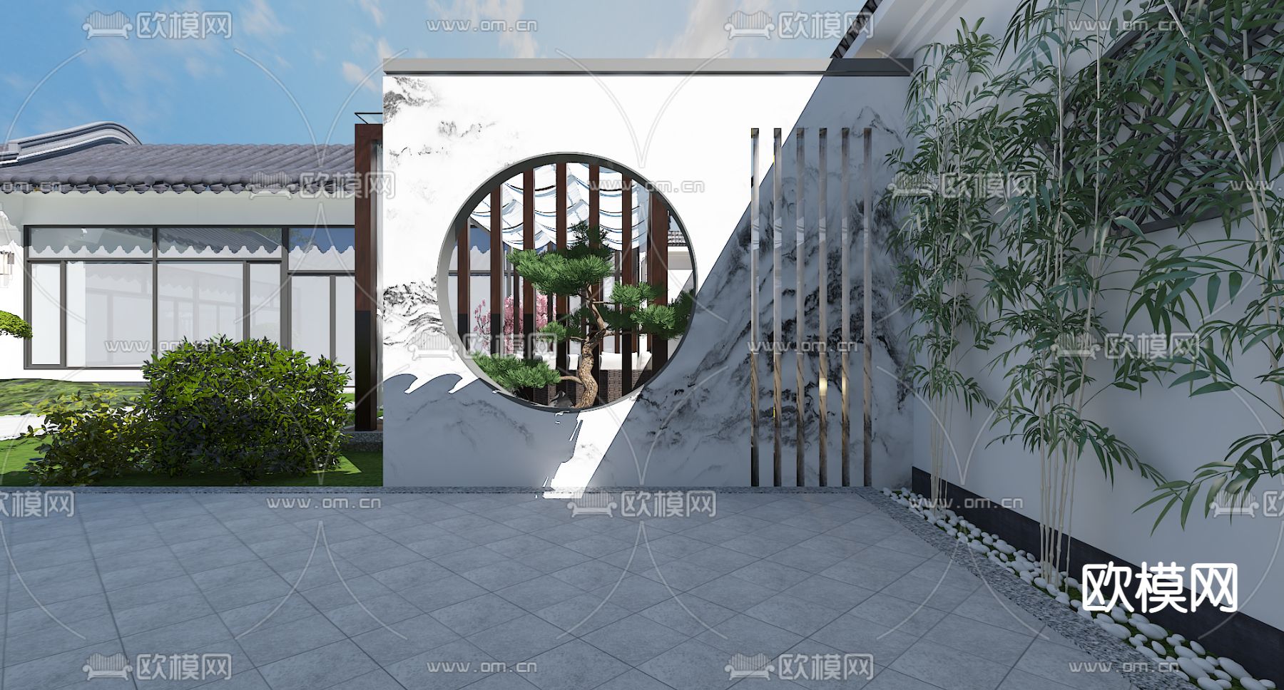 新中式庭院免费3d模型下载（渲染图2）