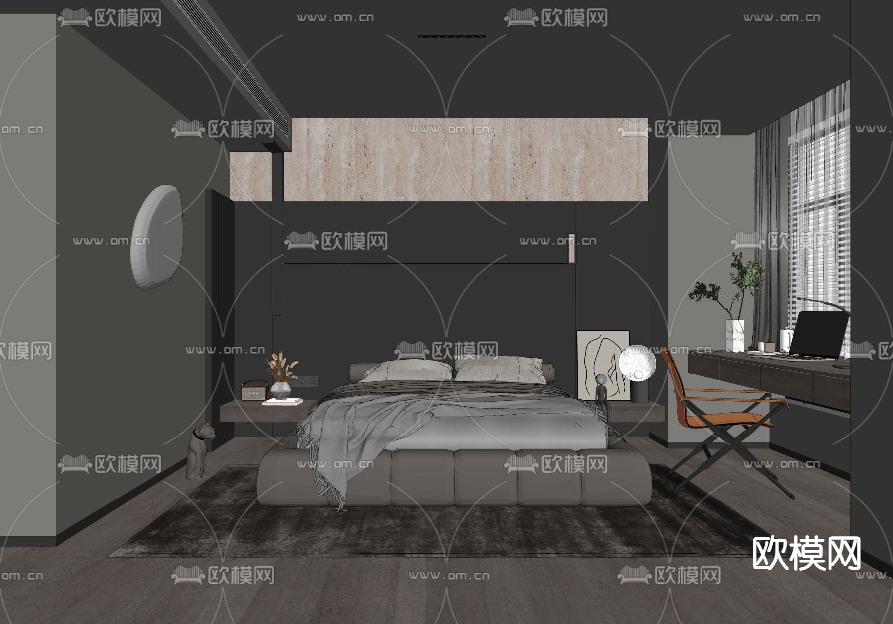 现代高级灰卧室su模型下载（渲染图2）