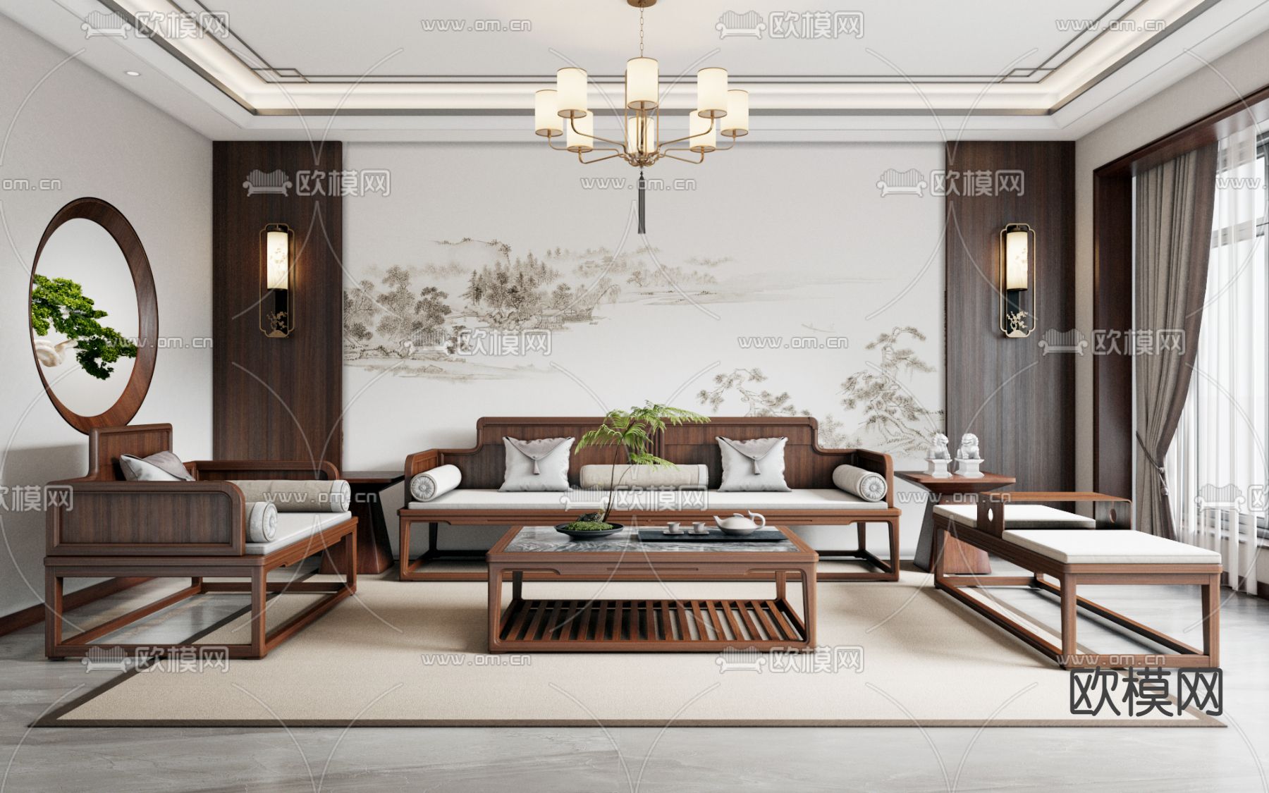 新中式实木沙发组合3d模型下载