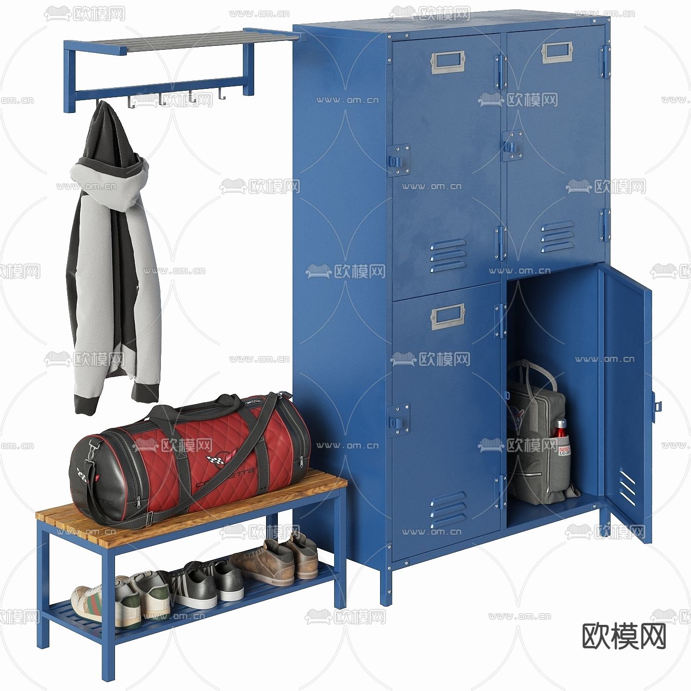 工业风金属公共储物柜换鞋凳3d模型下载（渲染图1）