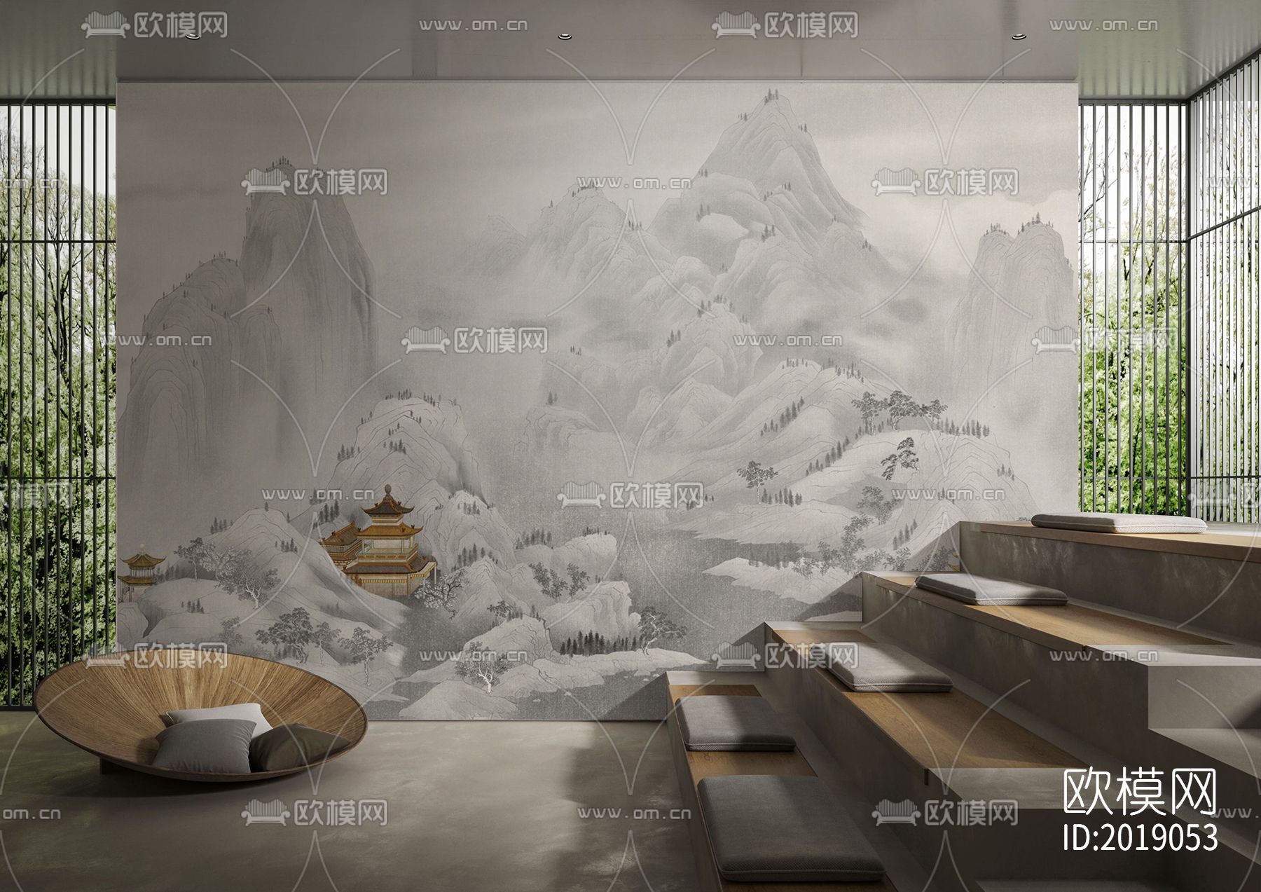新中式山水国画壁画壁纸背景墙