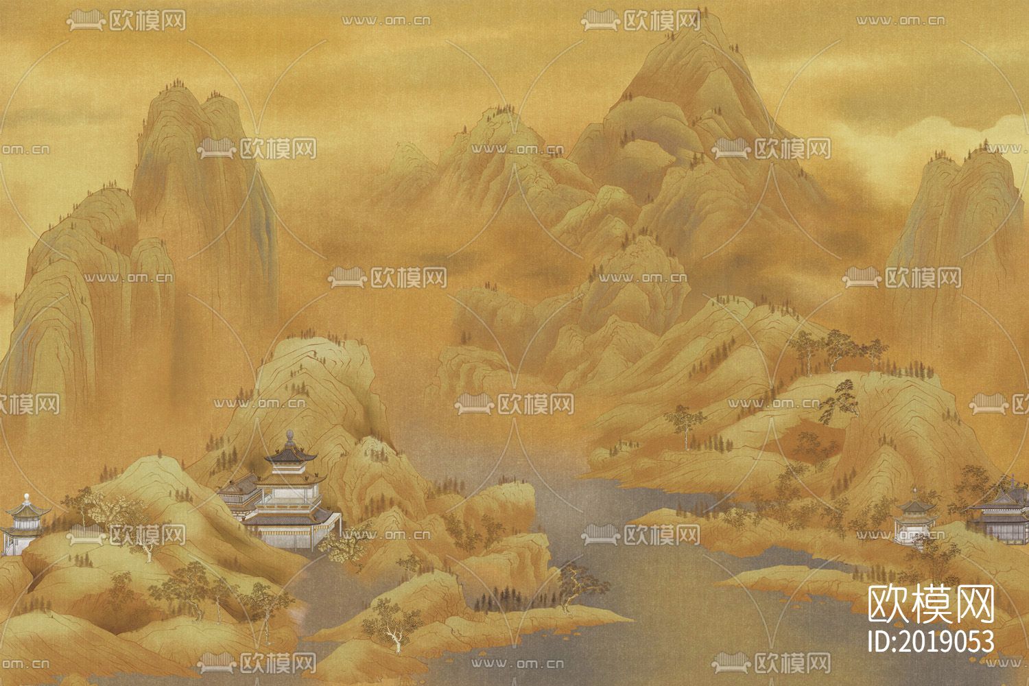 新中式山水国画壁画壁纸背景墙