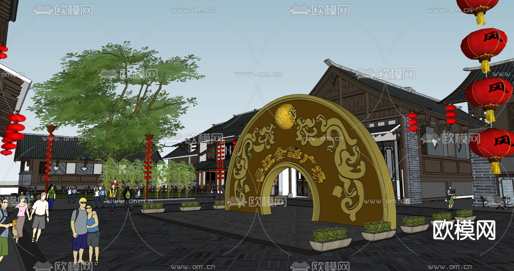 中式商业广场景观su模型下载（渲染图2）