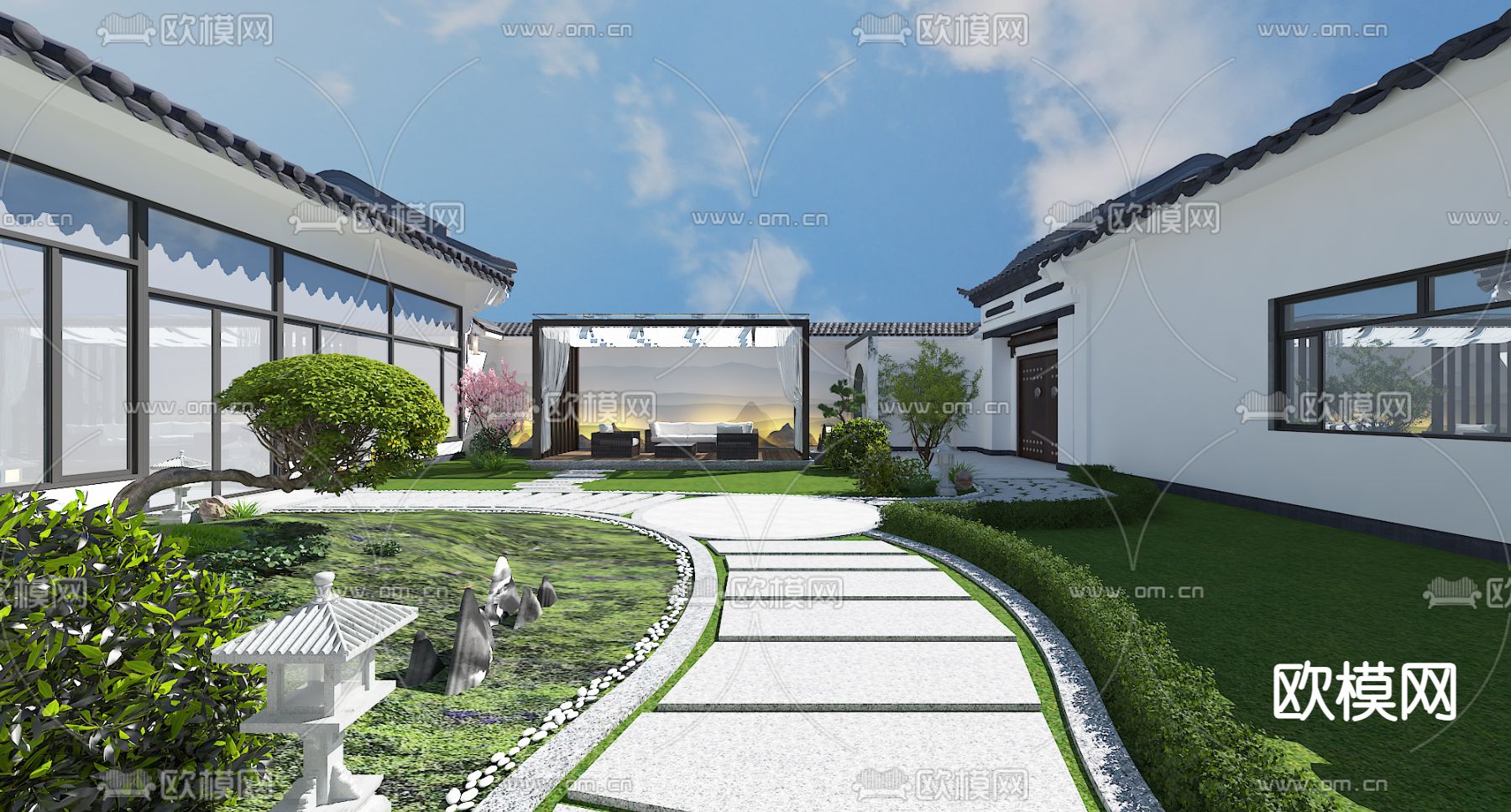 新中式庭院免费3d模型下载（渲染图1）