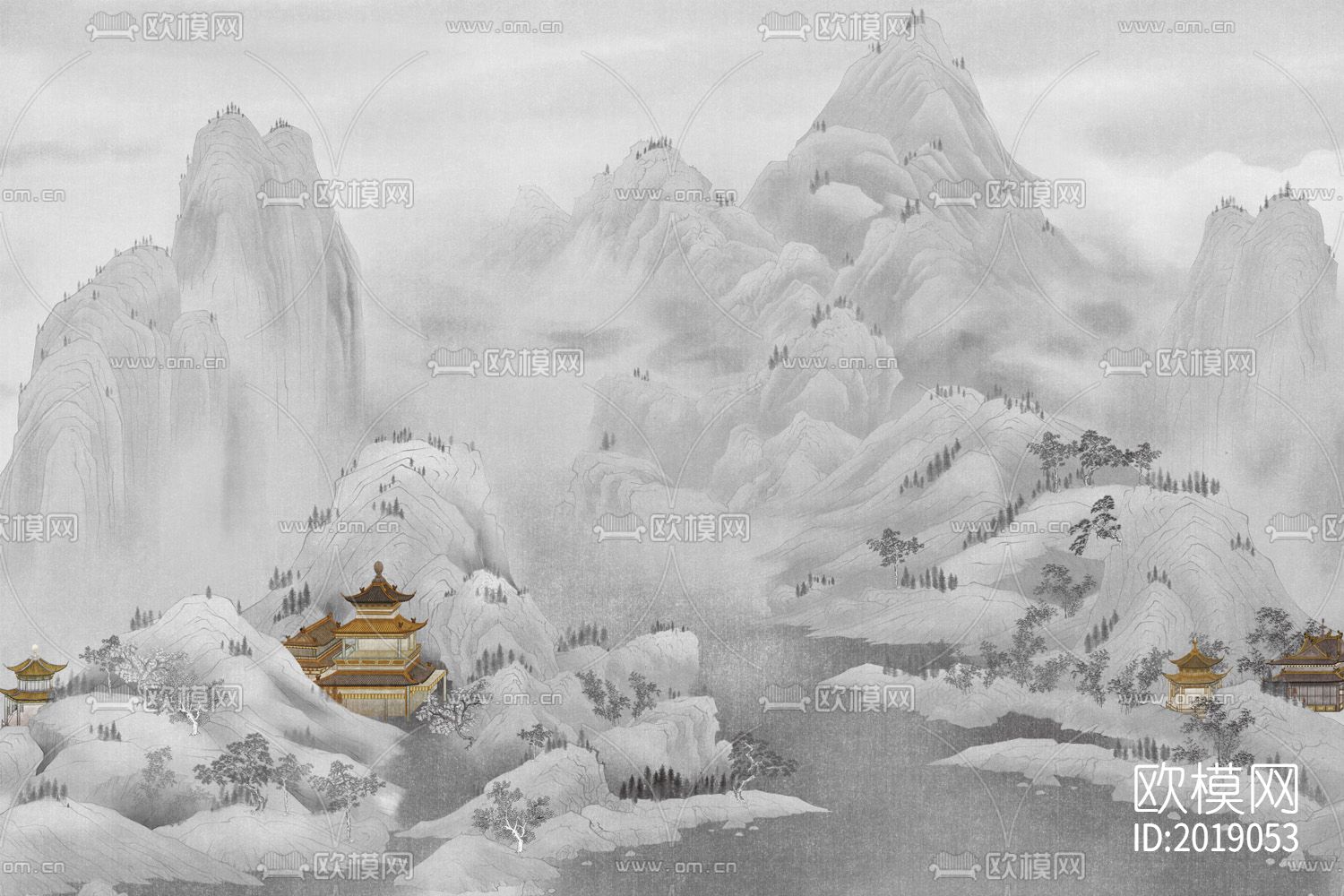 新中式山水国画壁画壁纸背景墙