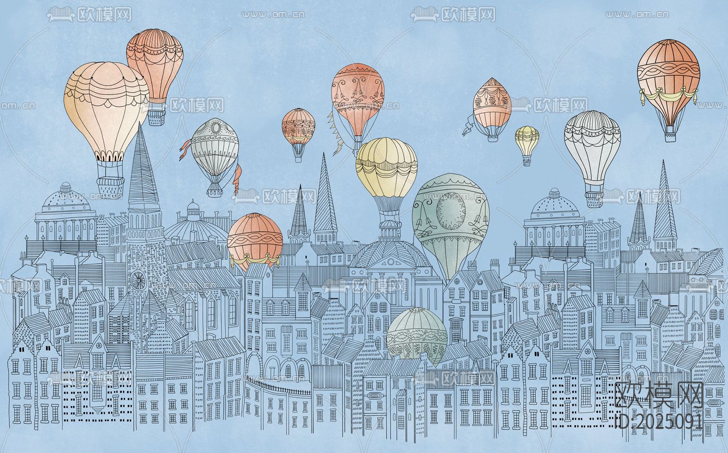 卡通热气球线条建筑壁纸下载（渲染图3）
