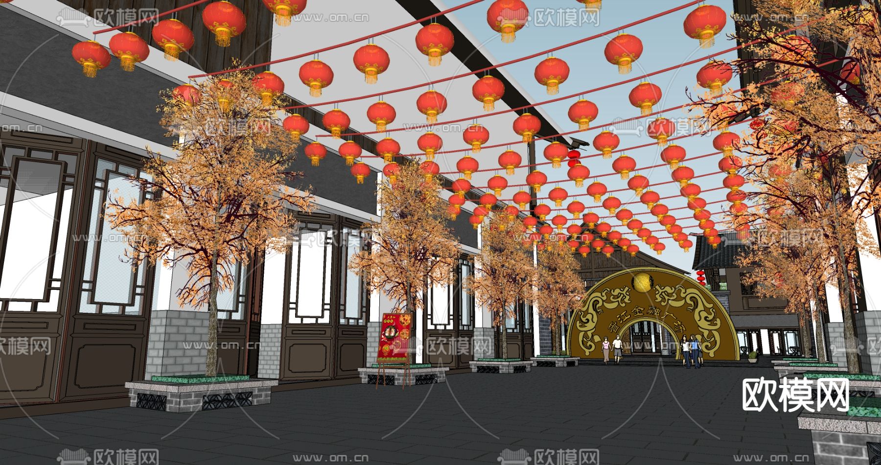中式商业广场景观su模型下载（渲染图3）