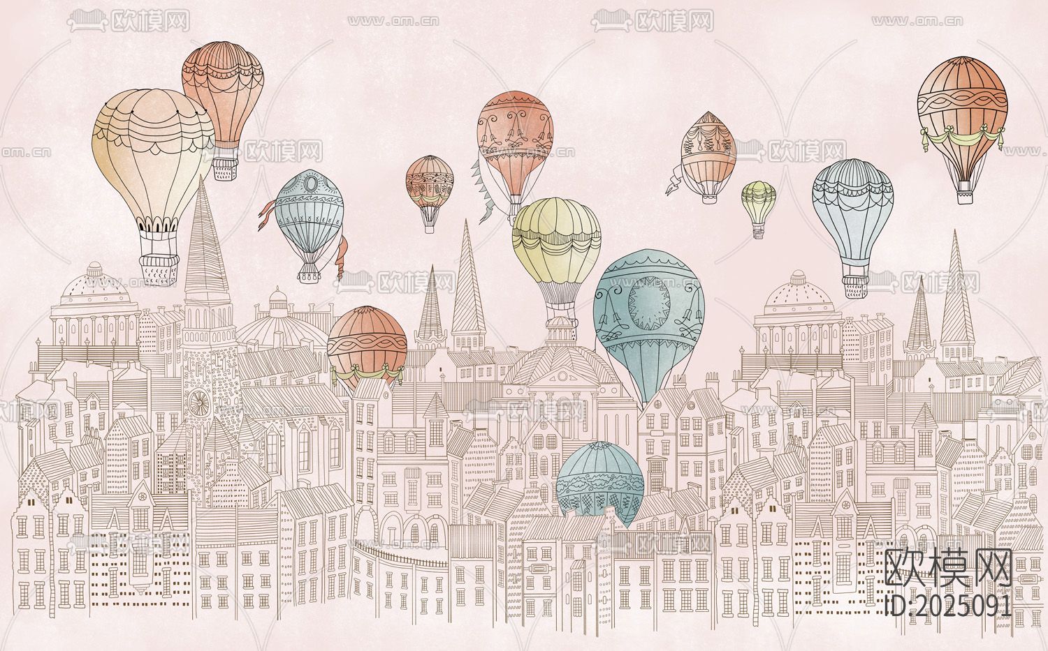 卡通热气球线条建筑壁纸下载（渲染图2）
