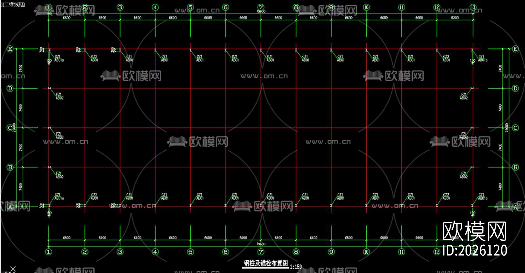 仓库车间钢结构cad施工图下载（渲染图2）