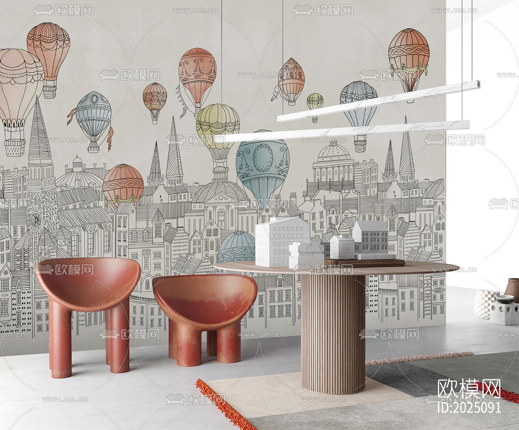 卡通热气球线条建筑壁纸下载（渲染图4）