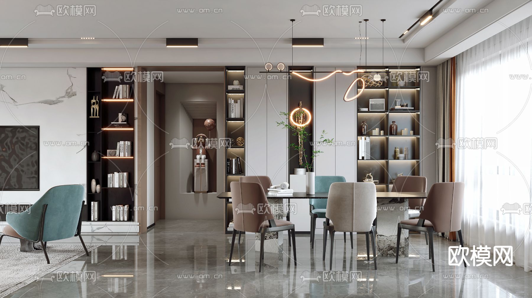 现代客厅餐厅3d模型下载（渲染图3）