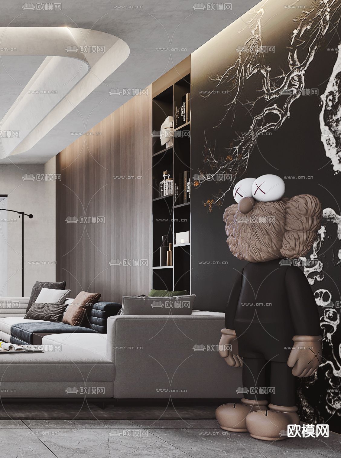 现代高级灰客厅3d模型下载（渲染图2）