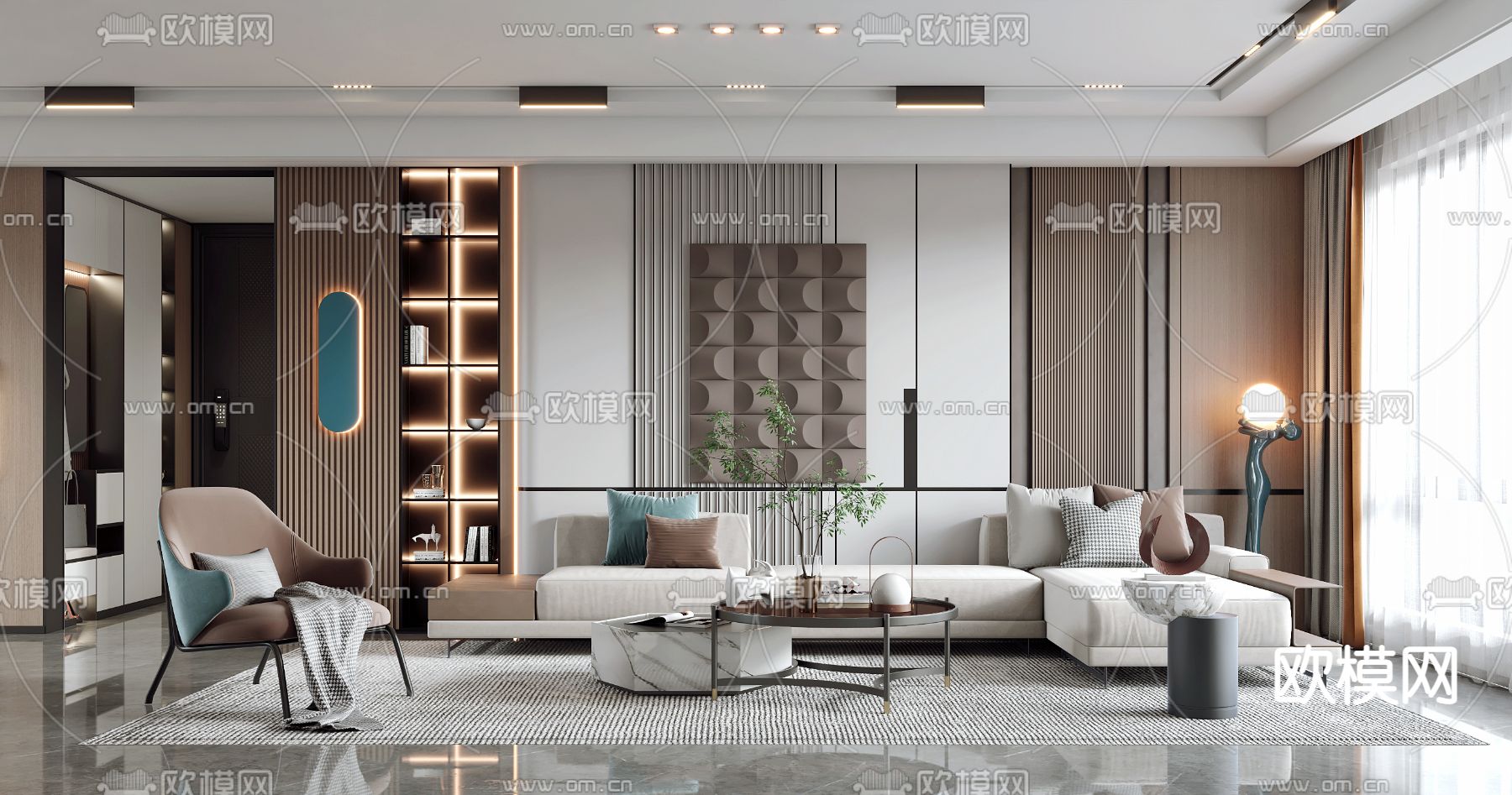 现代客厅餐厅3d模型下载（渲染图1）