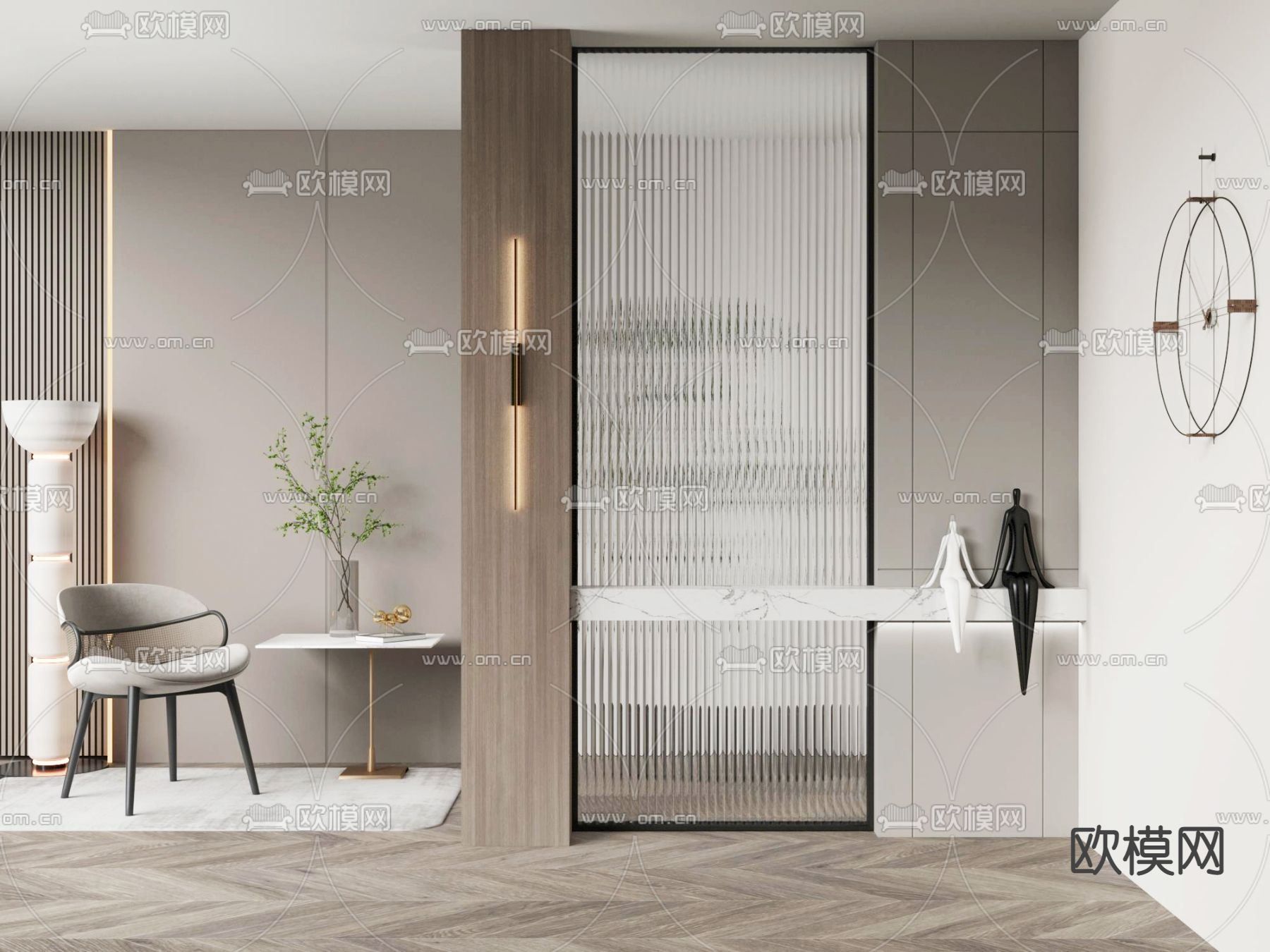 玄关玻璃屏风 隔断su模型下载（渲染图1）