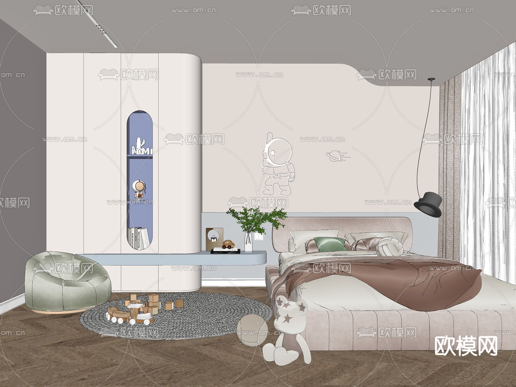 现代卧室男孩儿su模型下载（渲染图2）