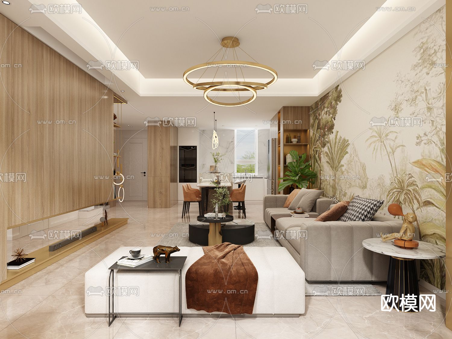 现代客餐厅书房免费3d模型下载（渲染图1）