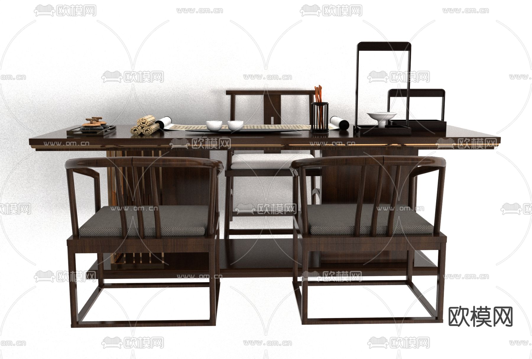 新中式实木书桌椅免费3d模型下载