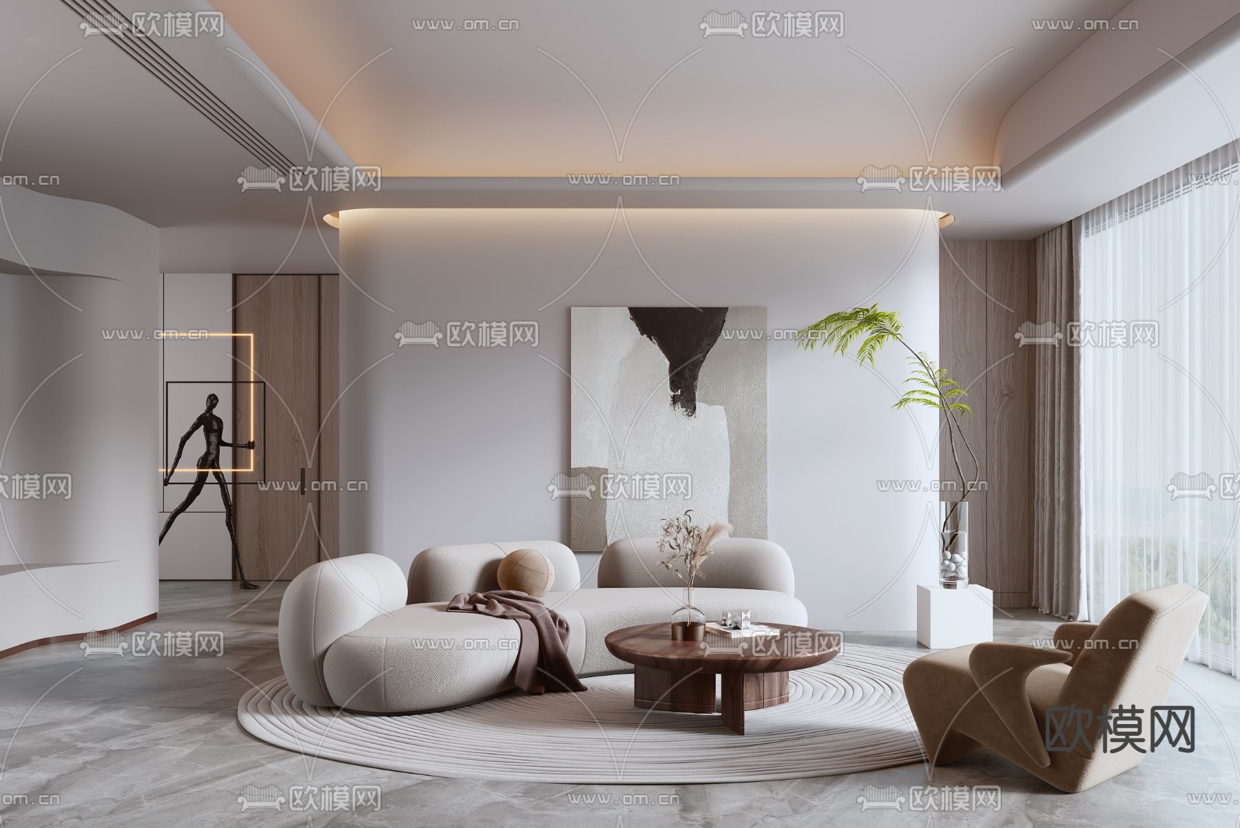 侘寂弧形布艺组合沙发3d模型下载