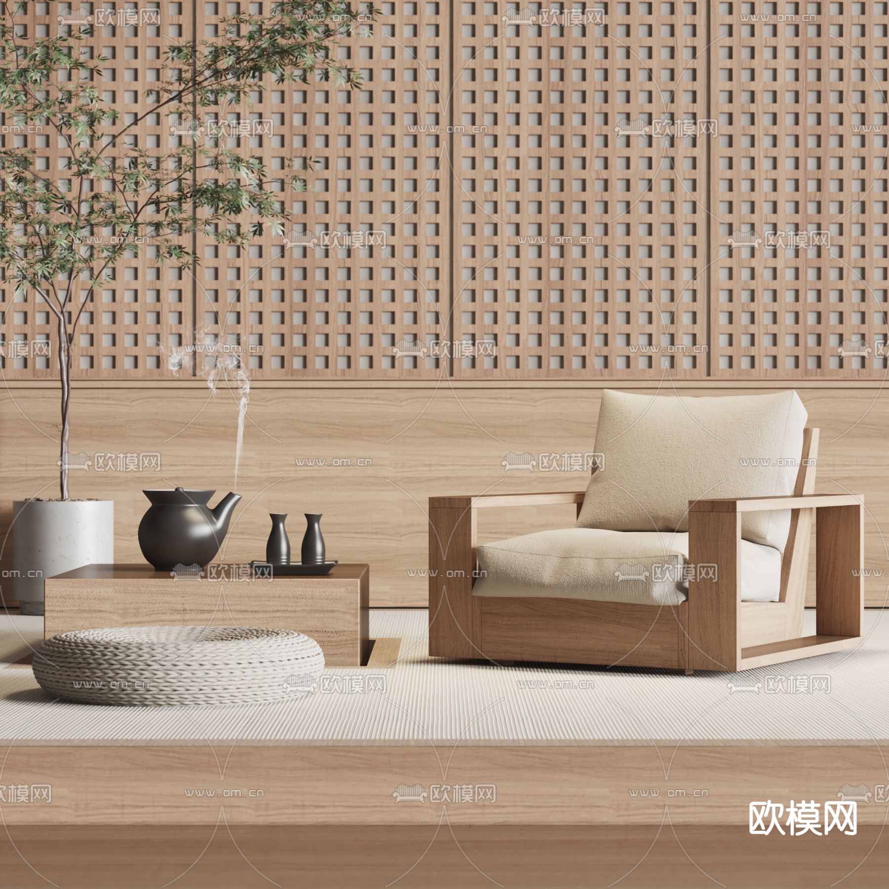 日式实木茶桌椅3d模型