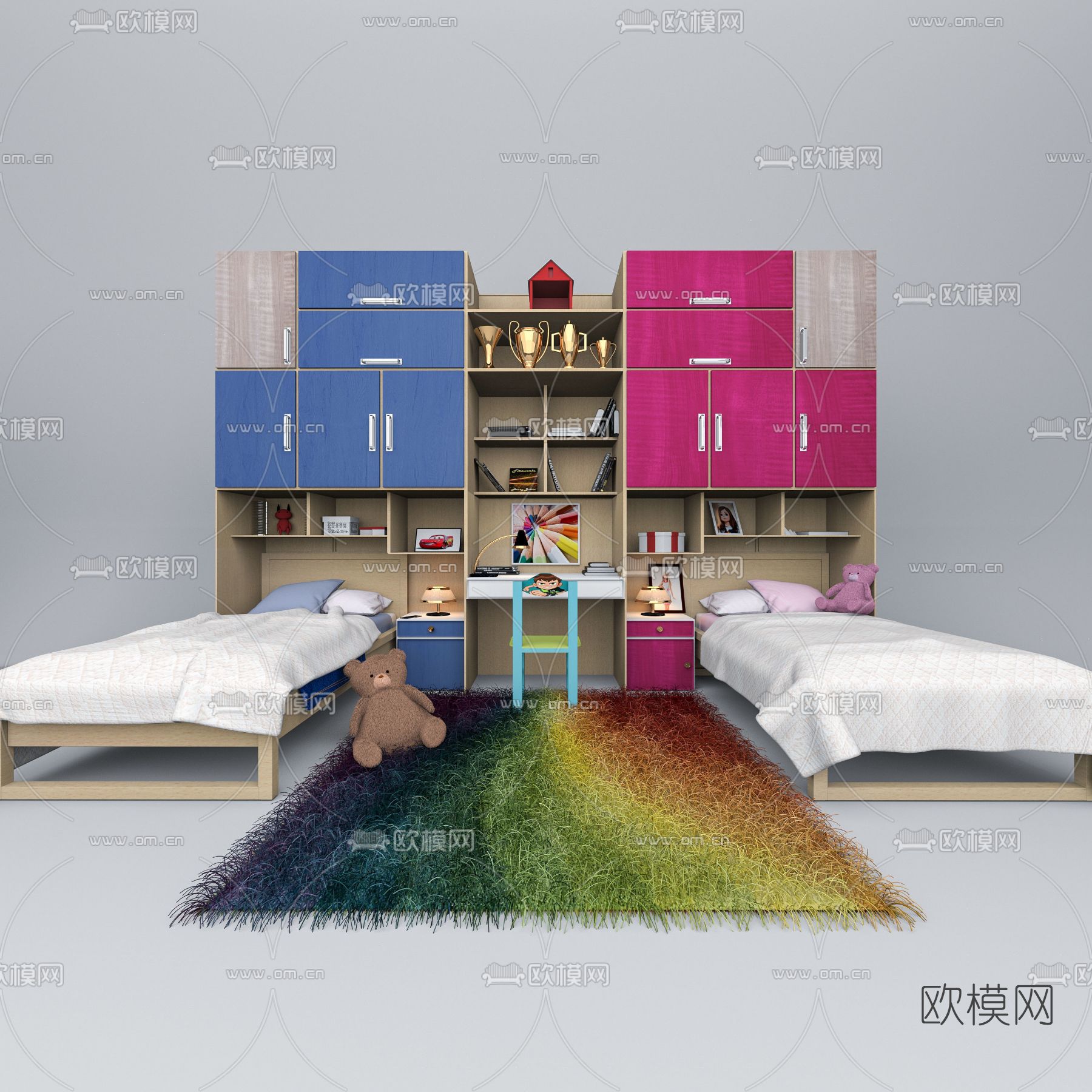 现代儿童床儿童柜免费3d模型下载