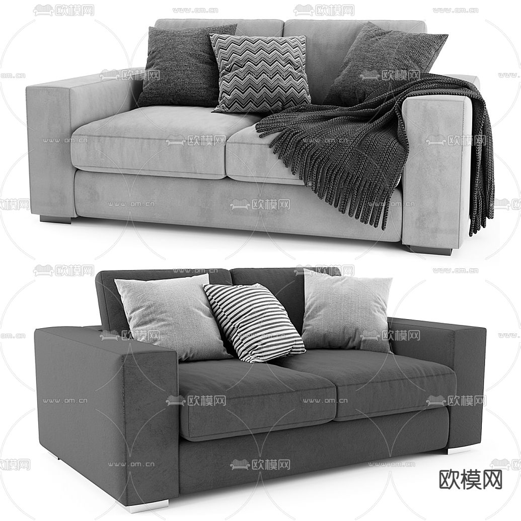 现代布艺双人沙发3d模型下载（渲染图1）