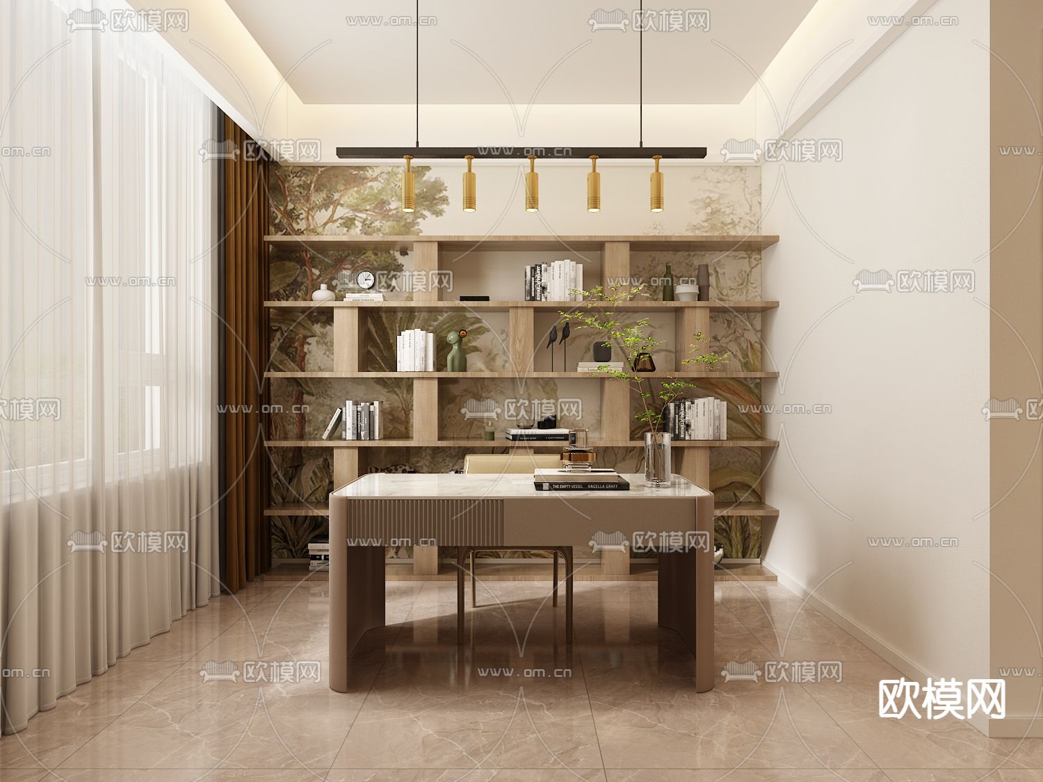 现代客餐厅书房免费3d模型下载（渲染图4）