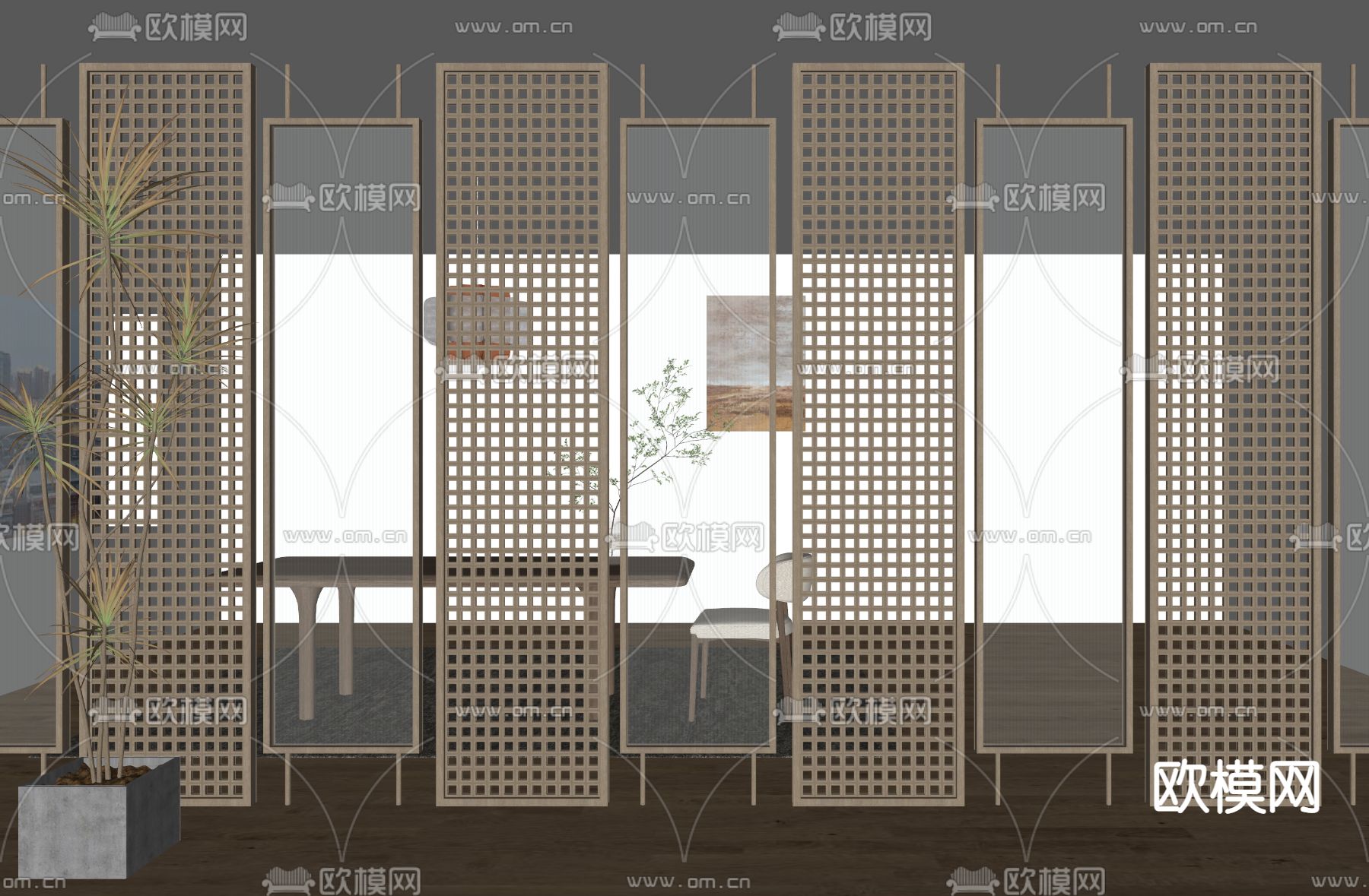 侘寂玻璃隔断su模型下载（渲染图2）
