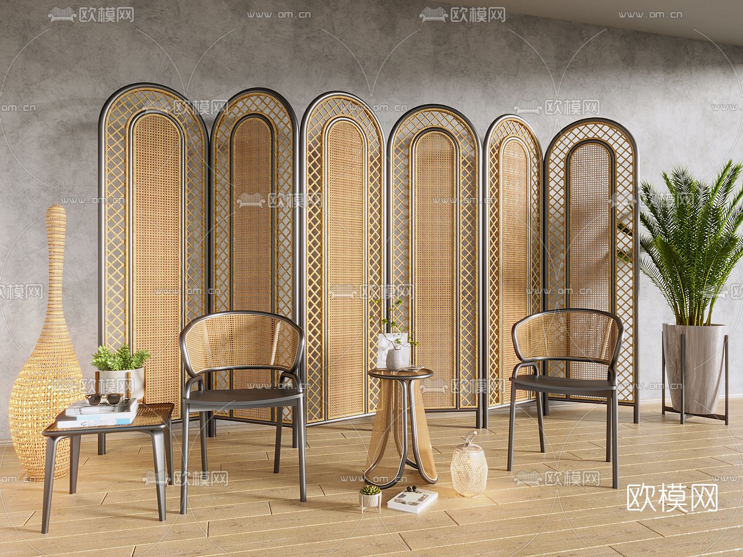 侘寂风藤编屏风隔断3d模型下载