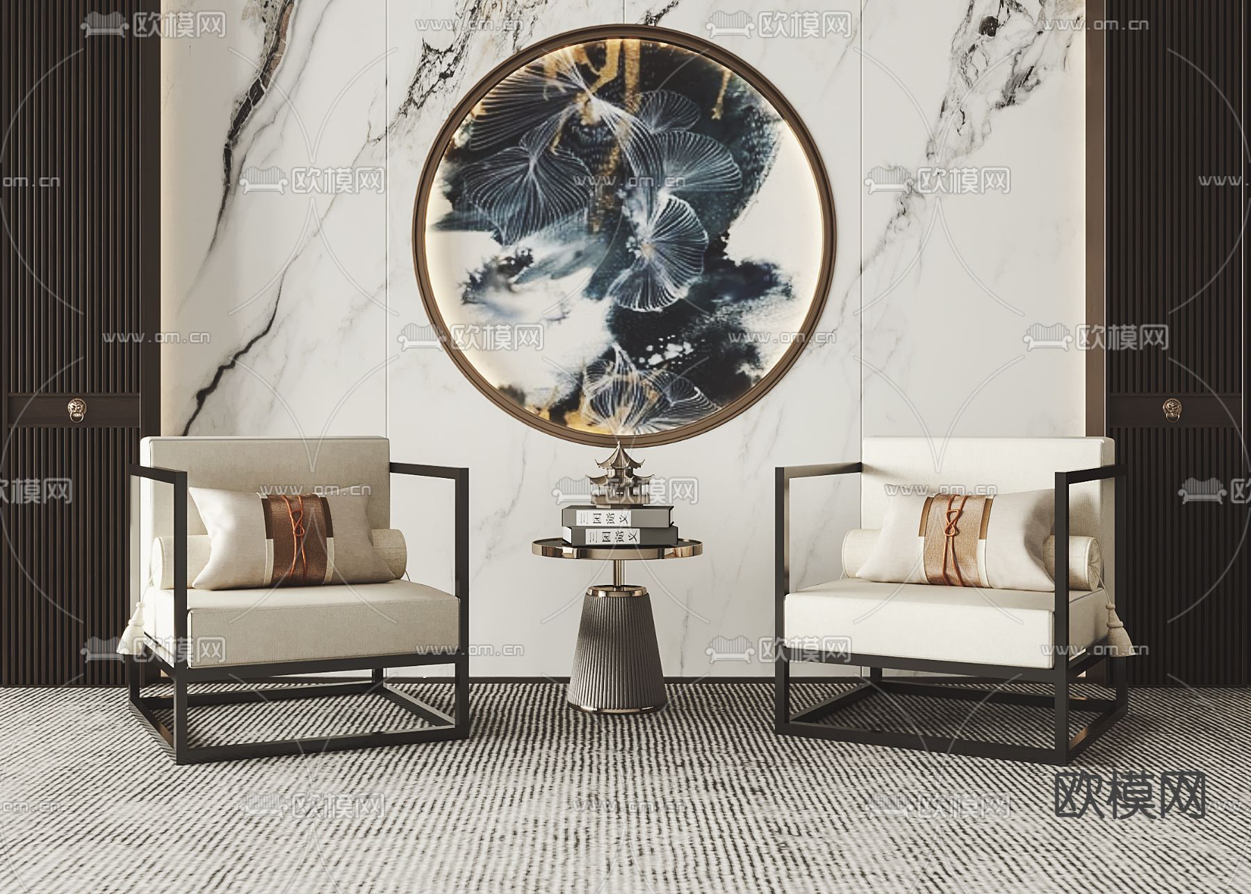 新中式布艺单人沙发3d模型下载