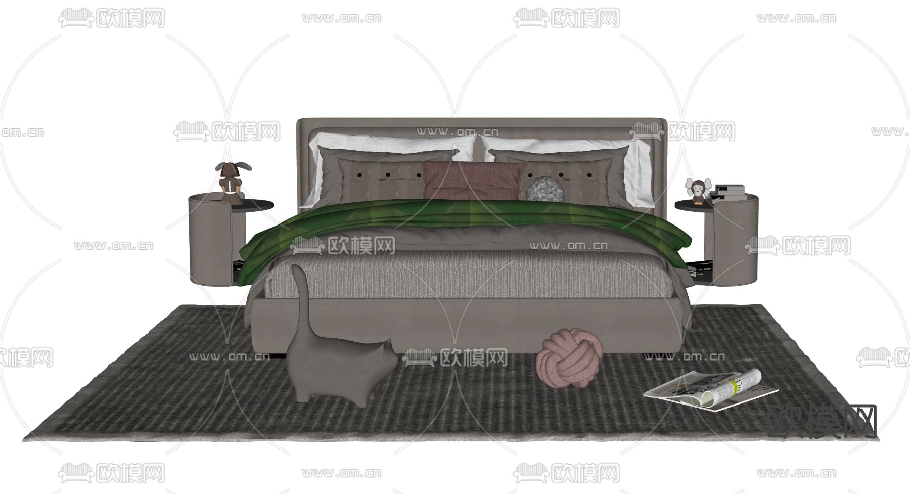 现代布艺双人床su模型下载（渲染图2）