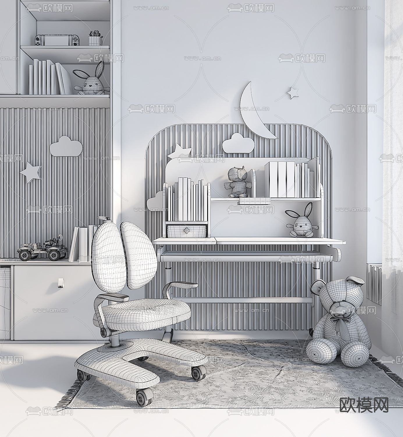 现代儿童学习书桌椅3d模型下载（渲染图3）