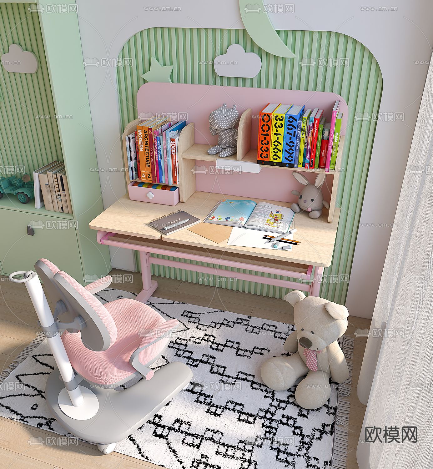 现代儿童学习书桌椅3d模型下载（渲染图2）