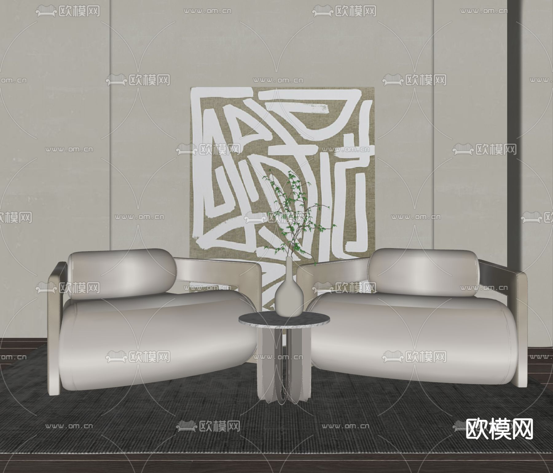 侘寂布艺休闲沙发su模型下载（渲染图2）