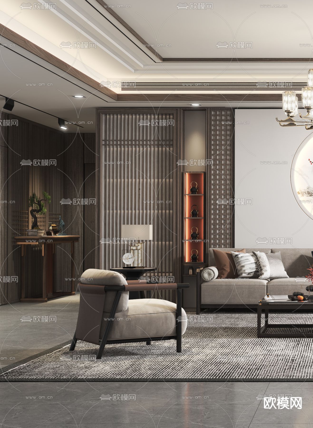 新中式布艺沙发组合3d模型下载（渲染图2）