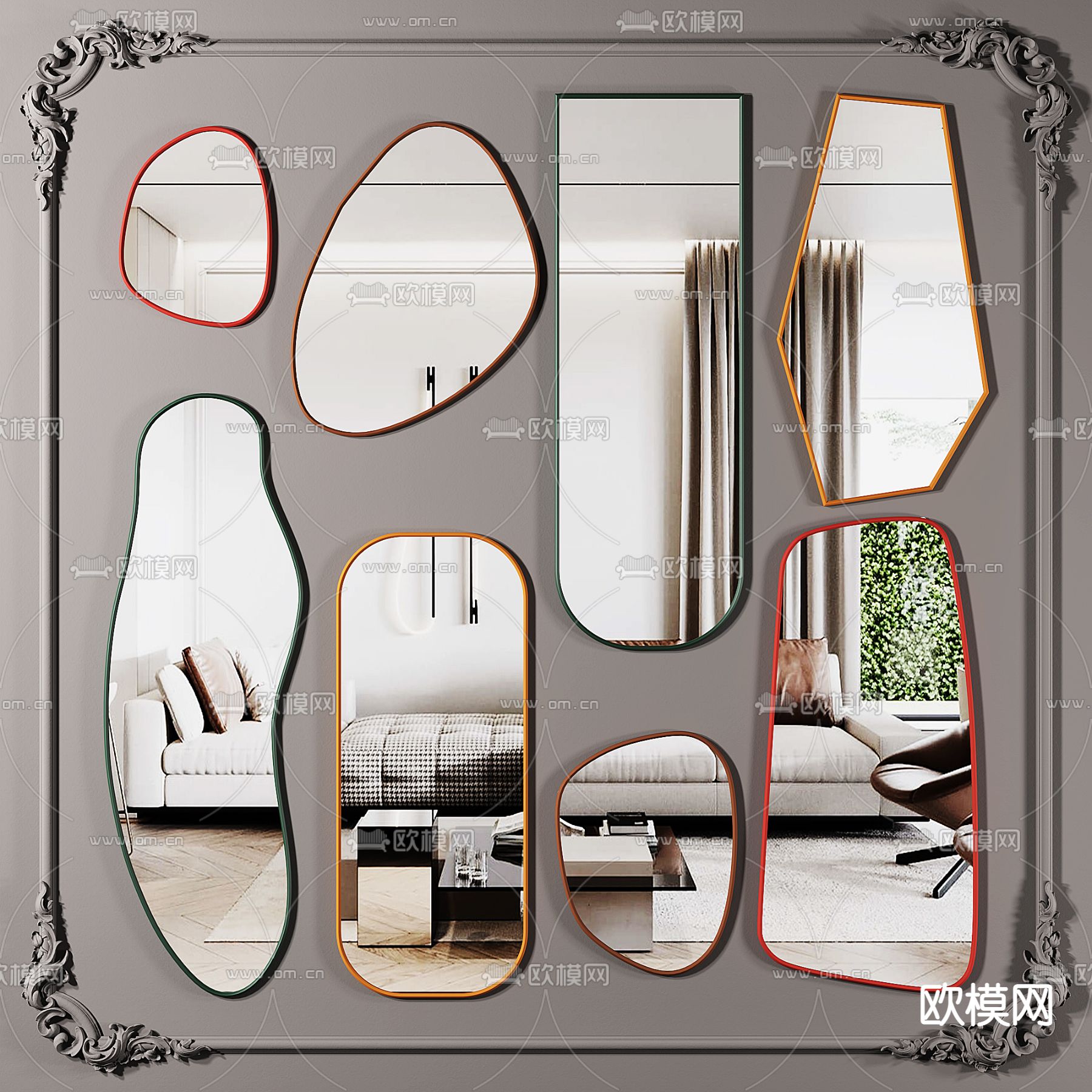 现代长异形镜子组合3d模型下载