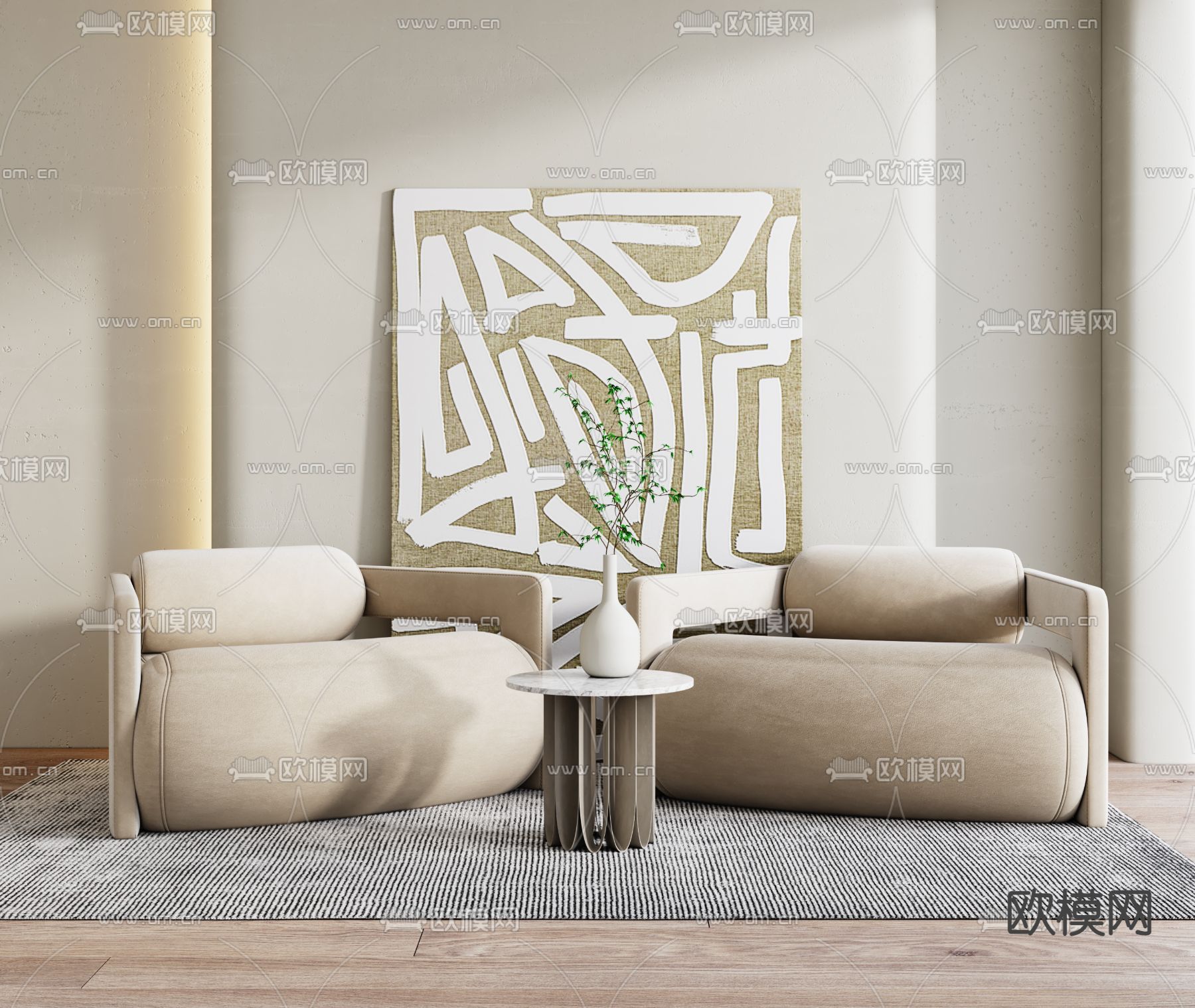 侘寂布艺休闲沙发su模型下载（渲染图1）