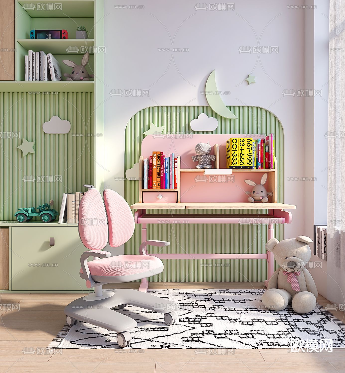 现代儿童学习书桌椅3d模型下载（渲染图1）