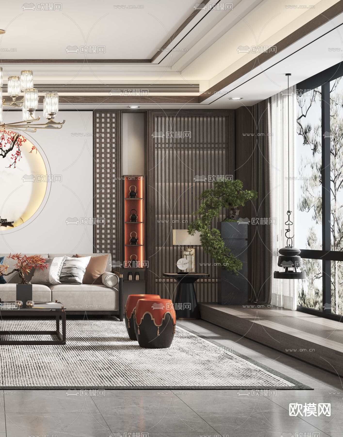 新中式布艺沙发组合3d模型下载（渲染图3）