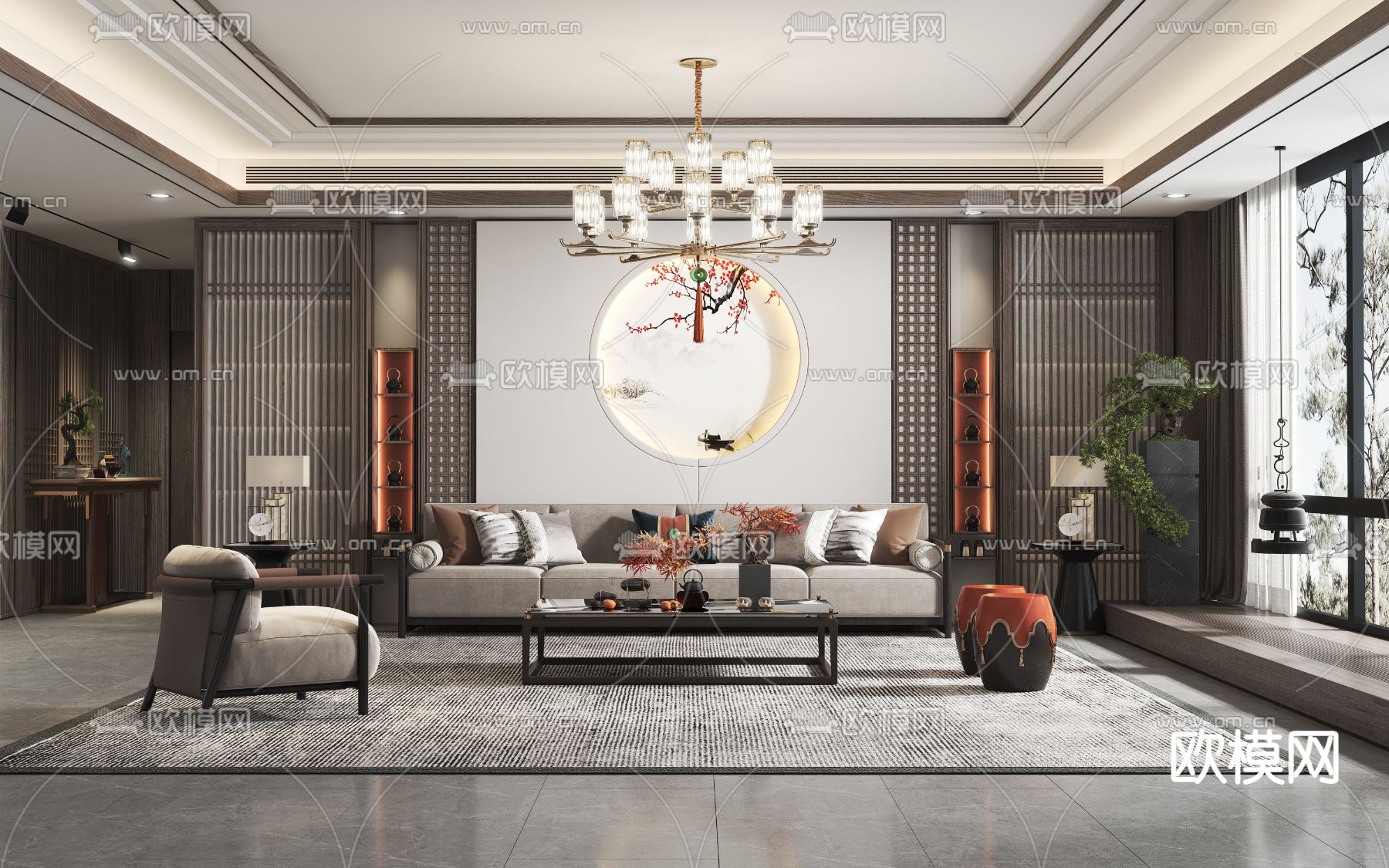 新中式布艺沙发组合3d模型下载（渲染图1）